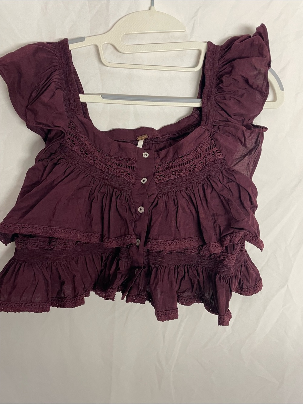 Free People Plum Ruffle Lace-Trim Button Front Top